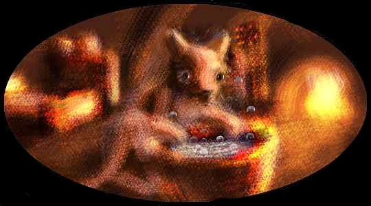A hedgehog in his firelit burrow, bending over a cauldron of soup.
