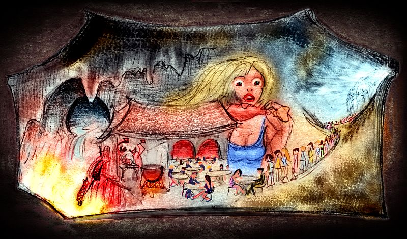 Sketch of a painting seen in a dream by Wayan: Hell Cafe, where customers unwittingly feed on previous diners. Hell-pit to left; cafe, center. Right: long line of hipsters wait to get into the hottest place in town. Dim gleam of daylight in upper right.
