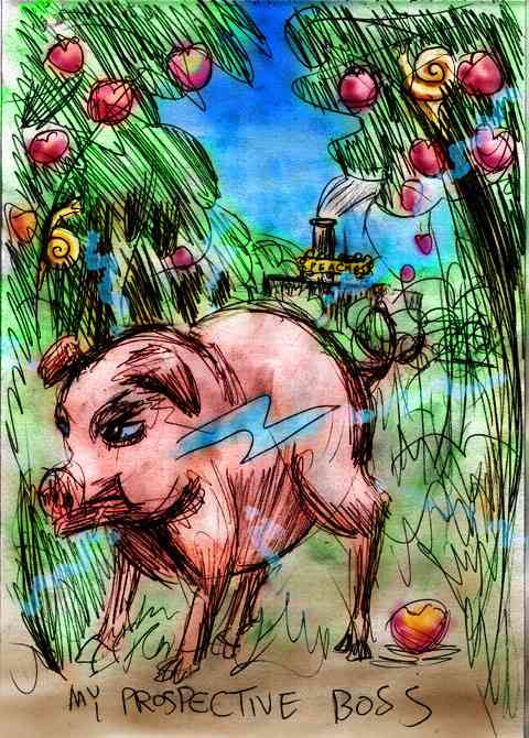 A talking pig in an orchard, emitting blue lightning bolts.
