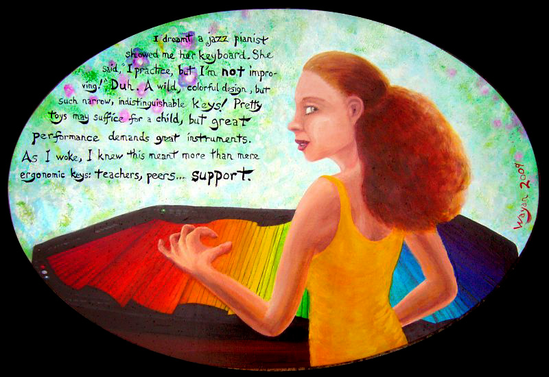 Jazz prodigy Elena Pinderhughes shows me her colorful but awkward keyboard; dream painting by Wayan. Click to enlarge.