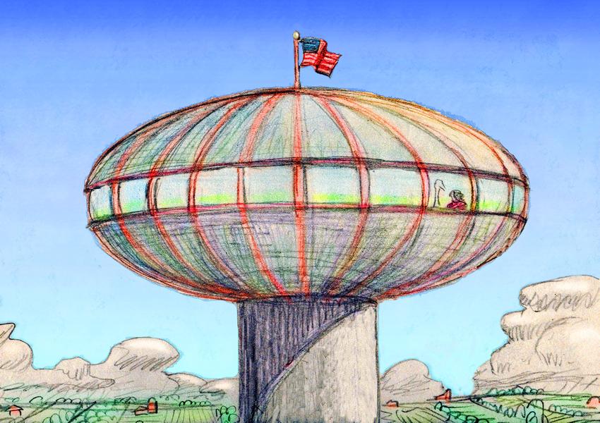 Oval watertank atop a tower. Dream sketch by Wayan.