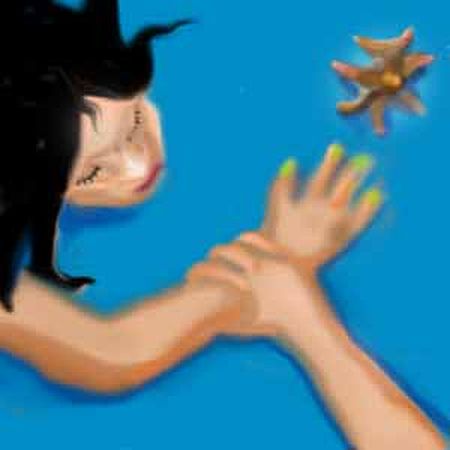 Her therapist's hand forces a woman to reach toward a twisted spiky object like a shark egg.