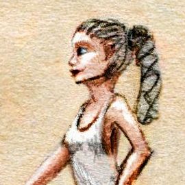 Tall dancer in pale blue leotard, facing left. Dream sketch by Wayan.