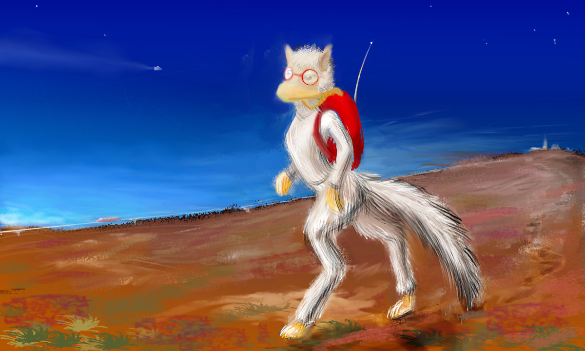 A hisa, with kangaroolike legs and tail, in white furs and a breathing helmet, walks down a shield volcano; blue-black sky. Sketch of a dream by Wayan. Click to enlarge.