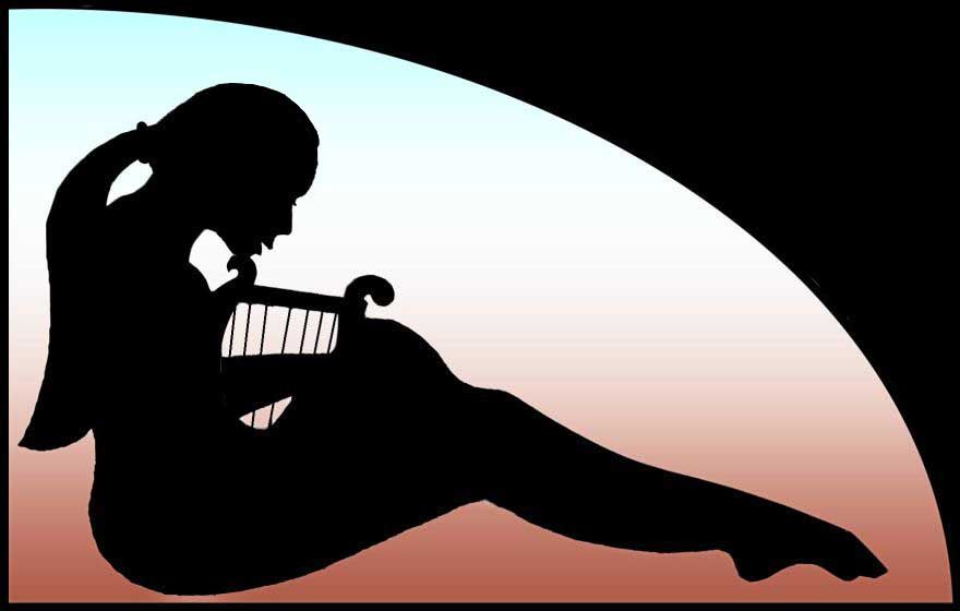 Silhouette of a girl with hair tied back playing a small Greek harp; dream image by Wayan. Click to enlarge