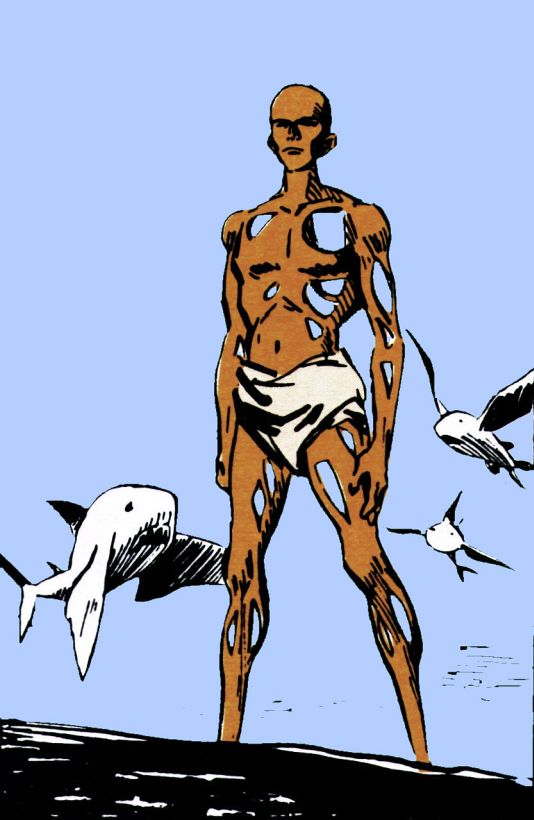 A man riddled with holes stands on a wall; air-sharks gather. Panel from 'Barbarella' by Jean-Claude Forest, c. 1964.