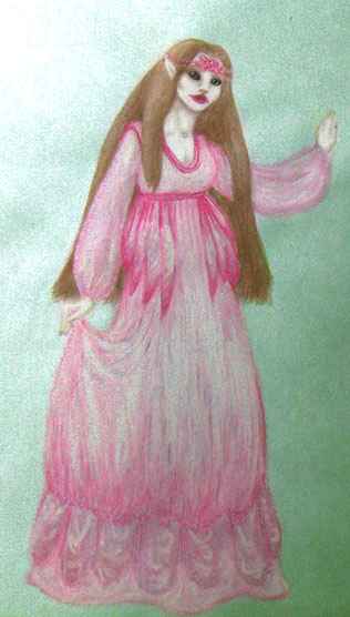 Drawing of elven princess with pale skin, dark eyes, brown hair, pink gown and circlet.