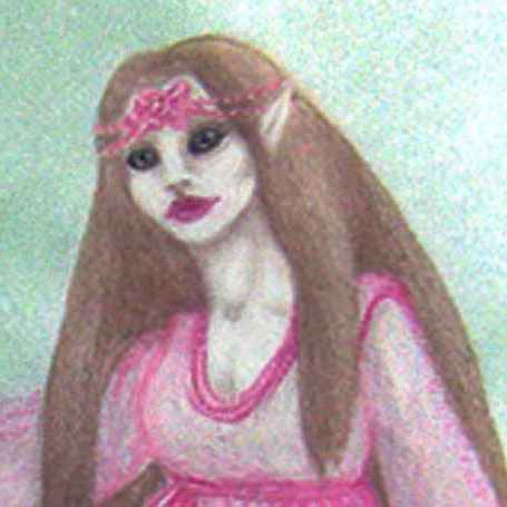 Close-up of elven princess with pale skin, dark eyes, brown hair, pink gown and circlet.