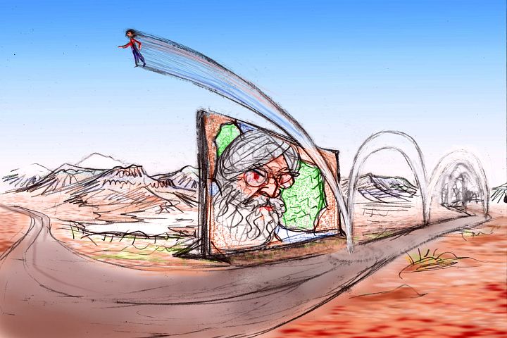 Sketch of a dream by Wayan: a figure making hundred-yard hops down a desert road passes a huge billboard showing a bearded, scowling man before a sihouette of Iran.
