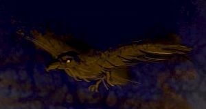 Raven flying in candlelight. Dream sketch by Wayan.