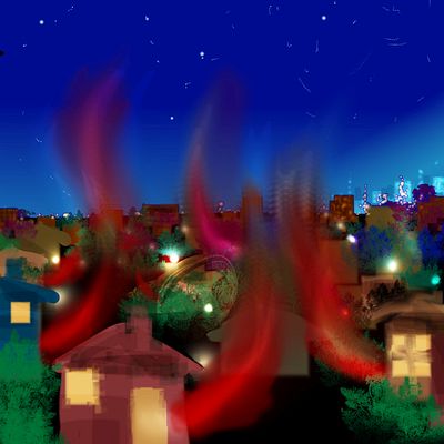 Night. A suburb. Hot-air plumes. Dream sketch by Wayan. Click to enlarge.