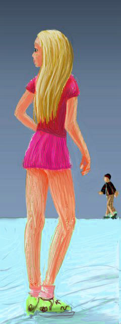 Crayon/digital sketch of a dream by Wayan: a blonde ice skater in hot pink.