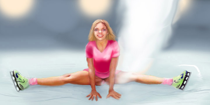 Digital sketch of a dream by Wayan: a skater does splits on the ice; beneath pink sweater, she's naked and steaming hot. In the actual dream she was naked at this point except skates, but while sketching I liked that magenta sweater so much I forgot.
