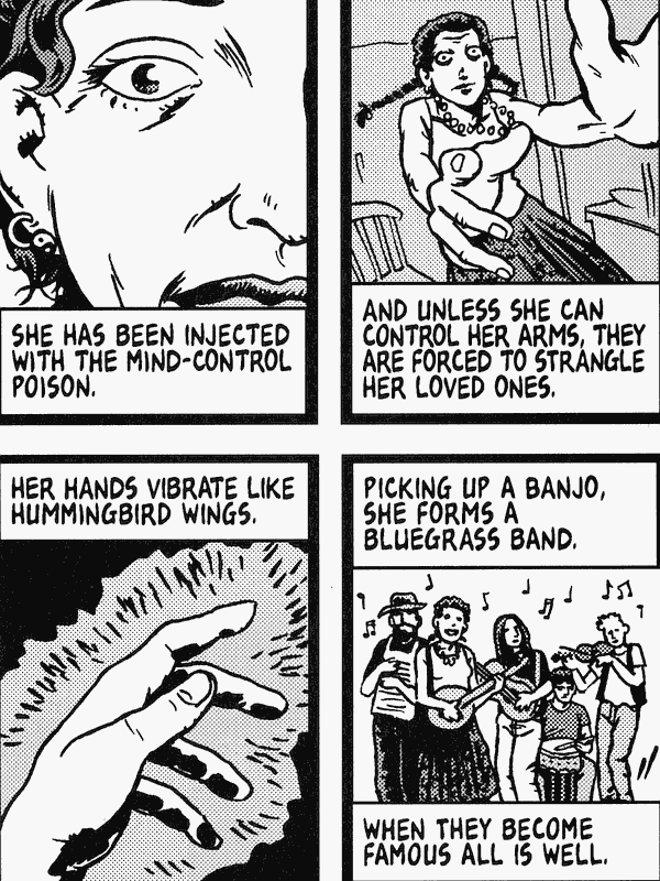 Drugged woman, compelled to strangle loved ones, fights compulsion with bluegrass banjo; dream by Ranjit Bhatnagar drawn by Jesse Reklaw