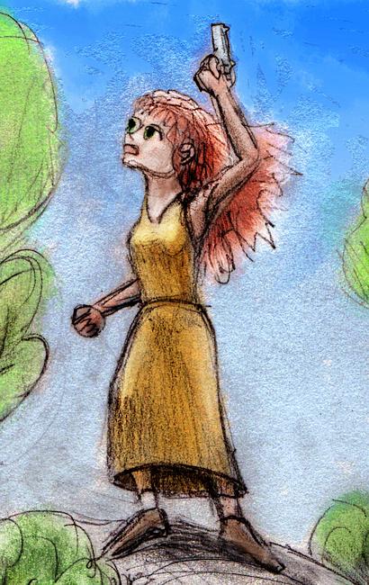 Girl in yellow gown waves a gun atop a rock in brush. Dream sketch by Wayan.