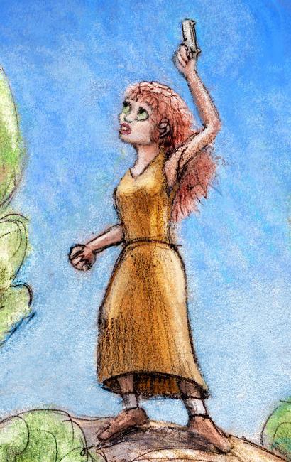 Girl in yellow gown waves a gun atop a rock in brush. Dream sketch by Wayan.