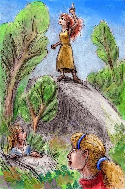 Girl in yellow gown waves a gun atop a rock in brush; sisters look on. Dream sketch by Wayan. Click to enlarge.