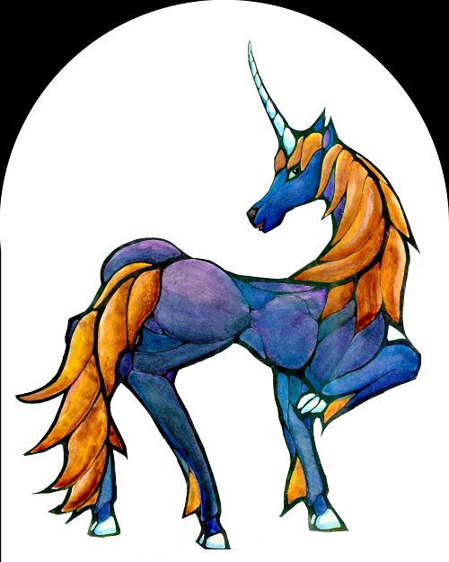 A sentient unicorn with a deep blue coat, gold mane and green eyes. Dream art by Wayan; click to enlarge.
