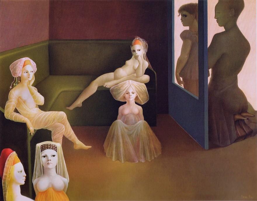 'Hurry Hurry Hurry, my Dolls are Waiting', 1975 painting by Leonor Fini. Click to enlarge.