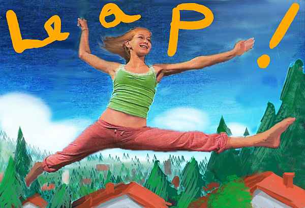 I leap in dance-class sweats, flying over houses and pine trees. LEAP scrawled in gold on the sky. Dream sketch by Wayan, based on a dancer in a zine--maybe the Pickle Family Circus in San Francisco? Sorry for not giving proper credit, I lost the zine.
