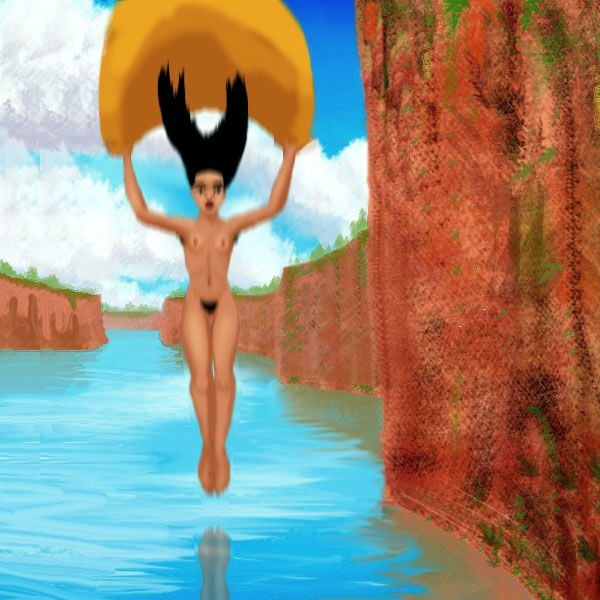 Woman jumps off cliff into lake, using a gold cloth as a crude parachute. Dream, Herbert Read; sketch, Chris Wayan.