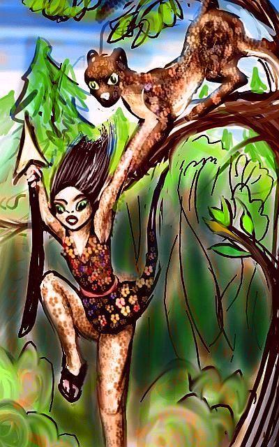 A leopard on a branch fused with an Asian girl leaping to the ground--me. Dream sketch by Wayan. Click to enlarge.