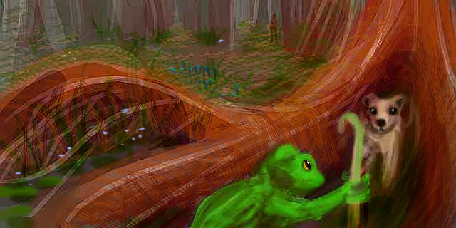 In a shadowy wood, a dog-doorman stops a frog-courier from entering a burrow between tree roots.