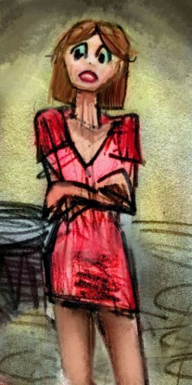 Skinny worried woman in red dress.