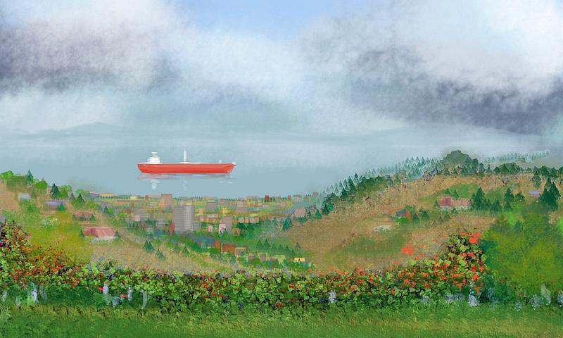 An impossibly huge freighter appears out of mist on San Francisco Bay; sketch of childhood dream by Wayan. Click to enlarge.