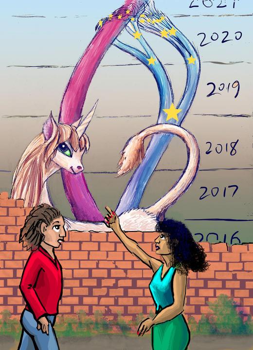 We discuss the possible coming forks of time in 2020 & 2021, in a construction site... where I'm haunted by a dream of a unicorn. Dream sketch by Wayan. Click to enlarge.