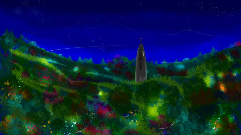Night. A starship in a luminescent radioactive jungle. Dream sketch by Wayan. Click to enlarge.
