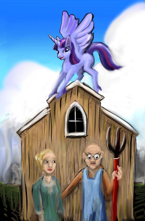 Twilight Sparkle the alicorn peers from the roof at American Gothic. Dream sketch by Wayan. Click to enlarge.