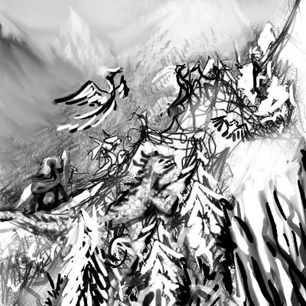 Ink Mountain, made up of little doodles of fighting creatures