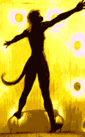 Me as a lab animal, biped but tailed, rearing in a cage of gold light. Dream sketch by Wayan based on an old Nat. Geo. photo. Click to enlarge.