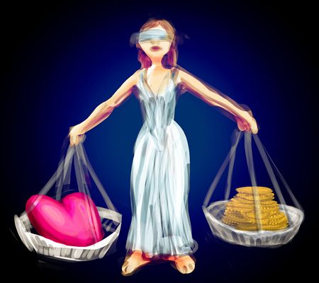 Blindfolded goddess of justice lifting scales holding a heart and gold coins. Dream sketch by Wayan. Click to enlarge.