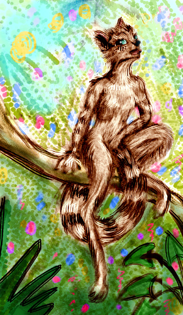 Impressionist sketch of dream scene by Wayan: a lemuroid girl sitting on a branch in a jungle. Click to enlarge