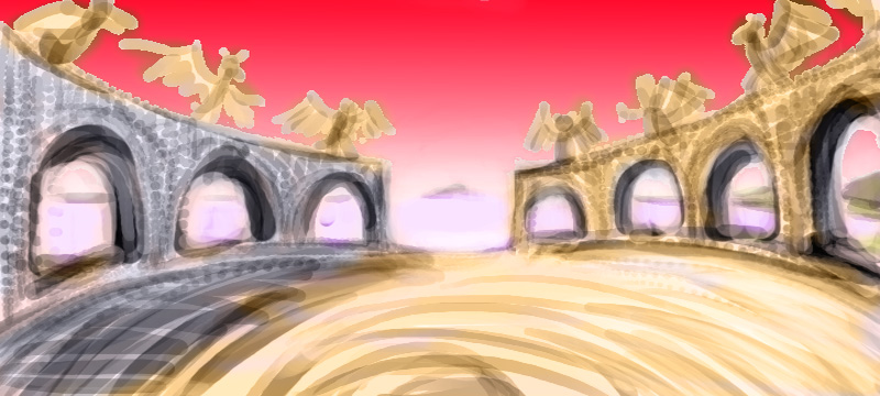 Sketch of a dream by Wayan: a circular temple of sandstone arches by the sea, under a red sky.