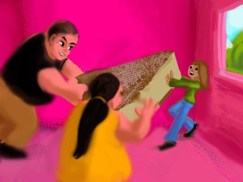 Sketch of a dream by Wayan: in a screaming pink  room two obese giants push a car-sized slice of pie at at small figure.