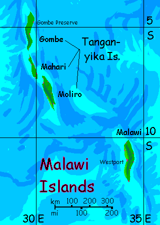 Map of Malawi and the Tanganyika Islands in the African Ocean, on Inversia, where up is down is up.