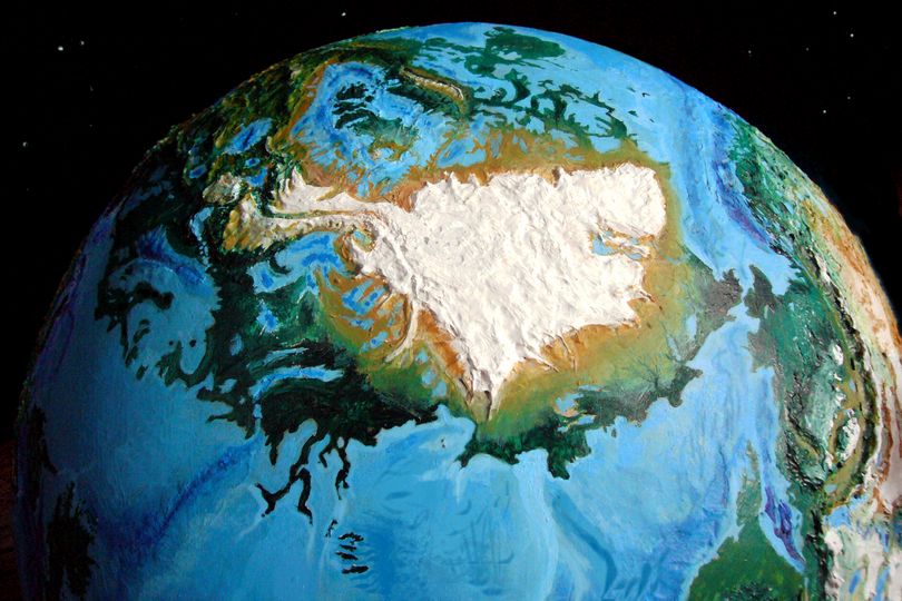 Arctica, Greenlake, and the Asian Ocean on Inversia, a model of Earth turned inside out.