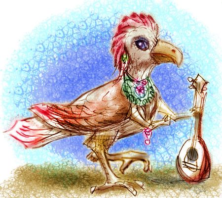 Big crested bird holding a lute, on Inversia, where land is sea & sea land.