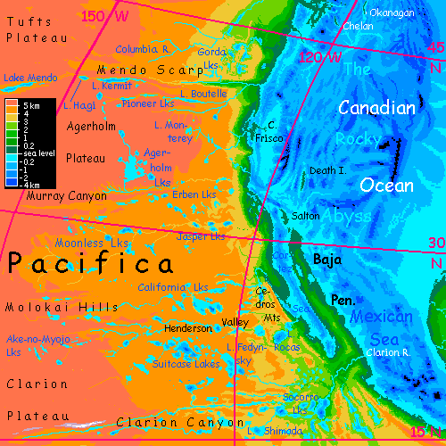 Map of southwestern shore of the Canadian Ocean, on Inversia, where up is down is up.