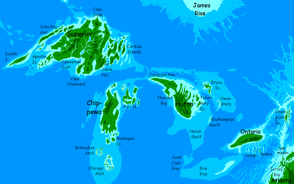 Map of the Great Islands, from Superior to Ontario, on Inversia, where up is down is up.