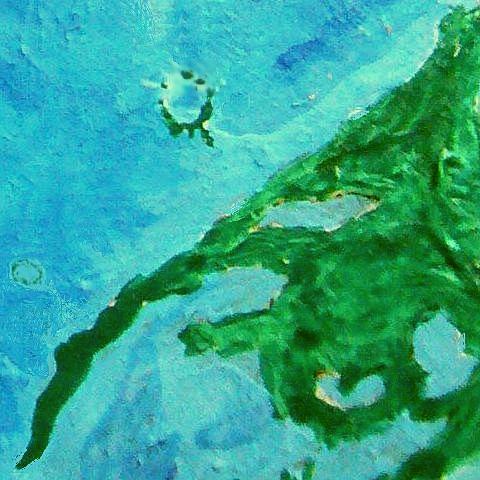 Orbital photo of Manicouagan Atoll in the Quebec Sea, eastern Canadian Ocean, on Inversia, where up is down is up.