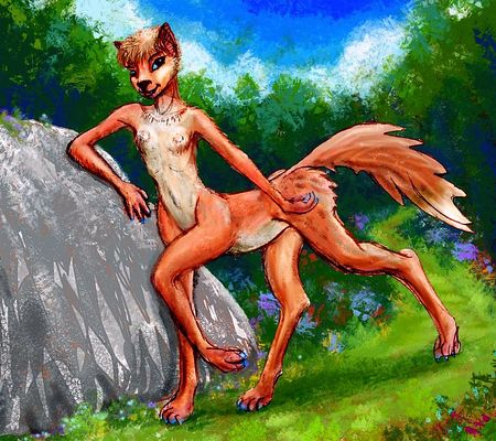 Lanky, gracile foxtaur leaning on a boulder in forest on Inversia, where land is sea & sea land.
