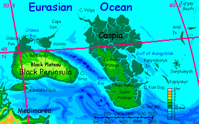 Map of the Black Peninsula & Caspia, corresponding to our Black and Caspian Seas, on Inversia, where up is down is up.