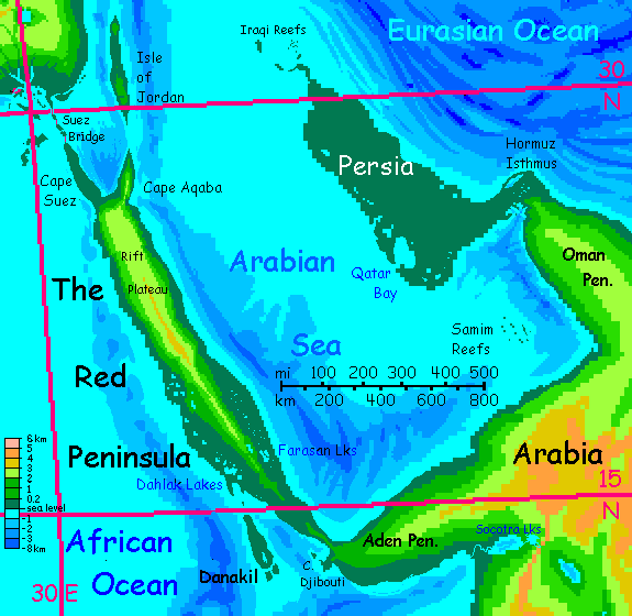 Map of Persia and the Red Peninsula, part of a complex of peninsulas & islands corresponding to our Mediterranean, on Inversia, where up is down is up.