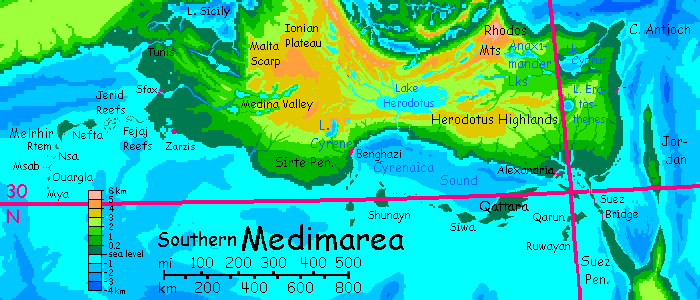 Map of southern Medimarea, a complex of peninsulas & islands corresponding to our Mediterranean, on Inversia, where up is down is up.