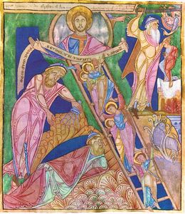 Jacob's Ladder, from the Lambert Bible, 12th century. Click to enlarge.