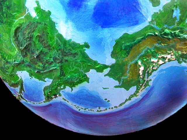 The tropical Bering Isthmus linking Eurasia and the Americas, on an alternate Earth called Jaredia